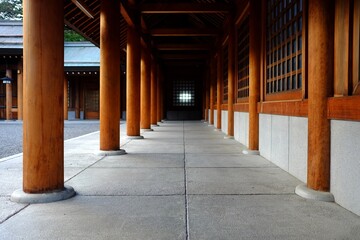 Beautiful Red Corridor of Japanese Shrine.