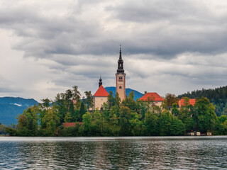 Bled island landscape with Pilgrimage Church of the Assumption of Maria on Bled lake