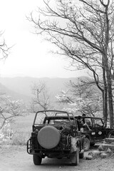 JIM CORBETT, INDIA-MAY 13: Tourists parks the safari vehicle in the watch tower area at Shambhar...