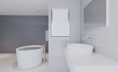 Spacious bathroom in gray tones with heated floors, freestanding tub. 3D rendering. Mockup.   Empty paintings