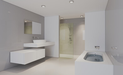 Clean and fresh bathroom with natural light. 3D rendering.