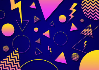 A blue, pink and yellow retro vaporwave 90's style random geometric shapes with vibrant neon color palette on a radial gradient background