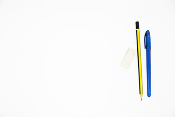 pen, pencil, and eraser on a white background horizontally for notes. isolated.