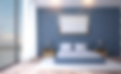 Unfocused, Blur phototography. Bed at hotel room. 3D rendering. Blank paintings