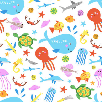 Cute sea animals seamless vector pattern with kawaii isolated marine creatures on white background. Sea life print illustration with whale octopus jellyfish dolphin shark and sea turtle