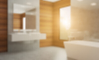Unfocused, Blur phototography. Bathroom with wood paneling on the walls. modern sink. marble floor. 3D rendering.. Sunset