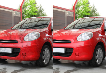 Modern red automobile before and after washing outdoors
