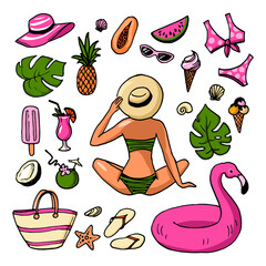 Summer set. Hand drawn illustration. Isolated elements. Woman, shells, ice cream, pineapple, watermelon, cocktail and other.