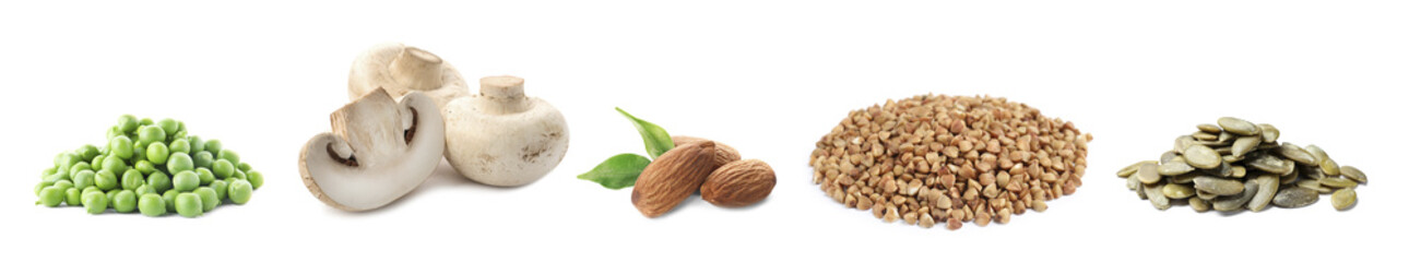 Set with food rich in protein on white background. Banner design