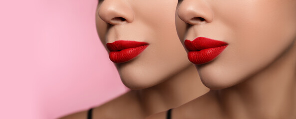 Woman before and after lip correction procedure, closeup. Banner design