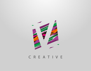 Creative V Letter Logo. Modern Abstract Geometric Initial V Design, made of various colorful pop art strips shapes