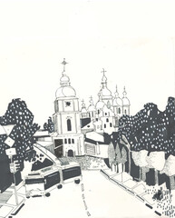 Old european city street with churches and park on the background in the style of a hand-drawn line sketch. City romantic landscape. Black and white graphic illustration. Kiev