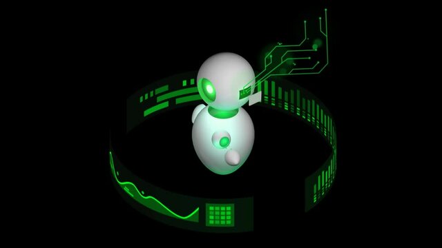 Sci-fi Green Working Robot with diagrams panel.  With Alpha-channel