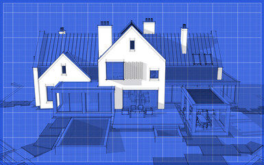 3d rendering of modern cozy clinker house on the ponds with garage and pool for sale or rent. Black line sketch with white spot on blueprint background