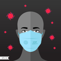 Covid-19 Corona Virus mask on model of man face surrounded with viruses. Stop Covid-19 Vector Illustration.