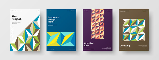 Fototapeta premium Company identity brochure template collection. Business presentation vector A4 vertical orientation front page mock up set. Corporate report cover abstract geometric illustration design layout bundle.