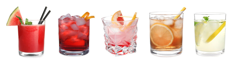 Set of different soft and strong refreshing drinks on white background. Banner design