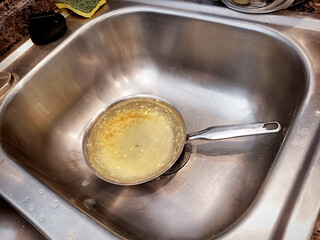 Dirty Frying Pan in Sink Filled with Water