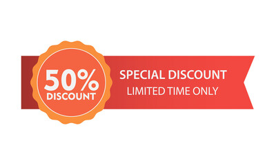 Red price sticker with ribbon. Vector element, sales.