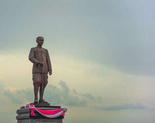 Phatthalung, THAILAND - July 8, 2019: King statue in the beautiful sky at Lampam beach
