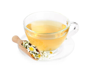 Fresh chamomile tea and dry flowers in scoop isolated on white