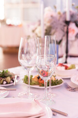 Table set for holiday, event, party or wedding reception in indoor restaurant