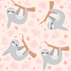 Vector seamless tropical pattern with cute sloth,
tropical leaves, flowers and heart. Hand drawn pink
background with funny sloth hanging on the tree