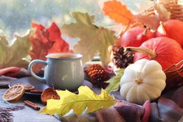 A cup of hot coffee, pumpkins, spices, leaves on the windowsill, the concept of home comfort, Thanksgiving, autumn season