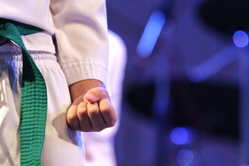 Fototapeta na wymiar Taekwondo kid player make fist of left hand at beside the hip, wear Taekwondo white uniform and green belt. Background is blur fist of other player, image blue tone from blue light decoration of stage