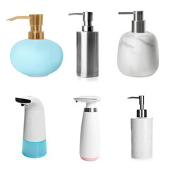Obraz premium Set of different soap dispensers on white background
