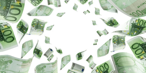 Money stack. Falling banknotes. European money on white isolation background. - obrazy, fototapety, plakaty