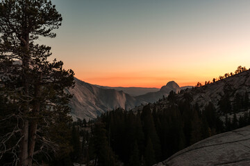 Sunset view of the Half Dome from the Olmsted Viewpoint in Yosemite