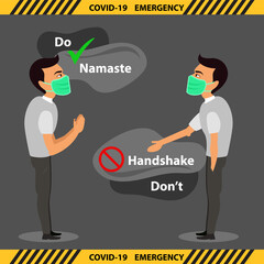 Covid-19 CoronaVirus infographic banner. To avoid spread of virus do namaste inplace of handshake to greet anyone. Namaste is in trend to greet anyone.