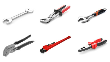 Set with plumber's tools on white background