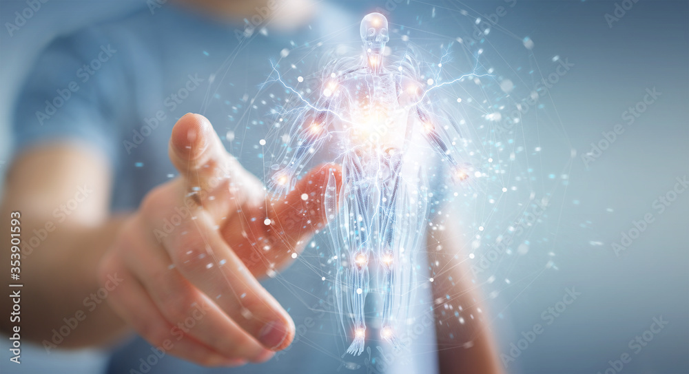 Poster man using digital x-ray human body holographic scan projection 3d rendering