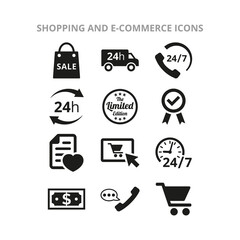 Shopping and e-commerce icons on white background.