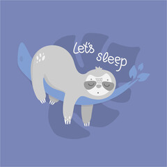 Vector hand draw sloth sleeping in the jungle. Cute animal illustration. Let`a sleep design