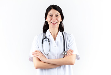 young female doctor with stethoscope and white uniform, on white background. healthcare and medicine concept.
