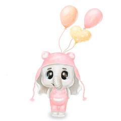 Watercolor baby elephant with balloons and clouds. Baby print or poster. Hand drawn cute illustration Contemporary art.