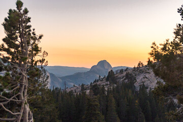 Sunset view of the Half Dome from the Olmsted Viewpoint in Yosemite