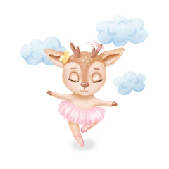 Watercolor baby ballerina deer . Baby print or poster. Hand drawn cute illustration Contemporary art.