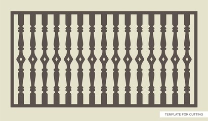 Rectangular fence (lattice, railings, panel) with classic balusters. Template for plotter laser cutting (cnc), wood carving, metal engraving, paper cut. Vector illustration. 