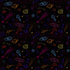 Hand drawn cosmic seamless pattern. Doodles endless backdrop. Colored on black.