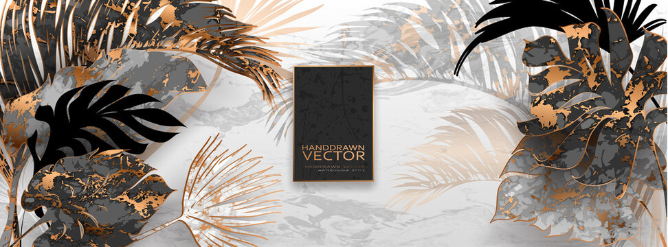 Trendy vector banner with palm leaves, gold, black, white marble template, artistic covers design, colorful texture, modern backgrounds. Minim pattern, graphic gold brochure. Luxury illustration