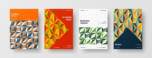 Naklejka premium Company identity brochure template collection. Business presentation vector A4 vertical orientation front page mock up set. Corporate report cover abstract geometric illustration design layout bundle.