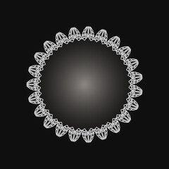 White frame with lace ornament in circle on black background. Art deco. Luxury round mandala, hand draw design. Ethnic motif. Abstract vector illustration.Template design for invitation, poster, card.