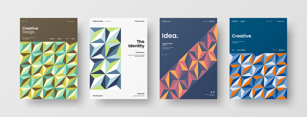 Fototapeta premium Company identity brochure template collection. Business presentation vector A4 vertical orientation front page mock up set. Corporate report cover abstract geometric illustration design layout bundle.