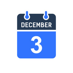 December 3 Calendar Date Icon, Event Date Icon, Calendar Date, Icon Design Vector Graphic