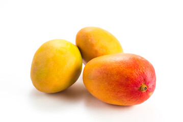 Three ripe tropical fruit mango isolated on white closeup