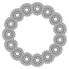 White round frame with lace ornament  on white background. Art deco. Luxury mandala, hand draw design. Ethnic motif. Abstract vector illustration. Holiday template design for invitation, poster, card.